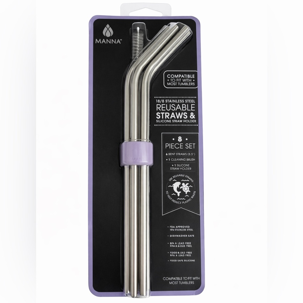 MANNA 18/8 Stainless Steel Reusable Bent Straws Set 8pc 8.5” + Brush + Silicone